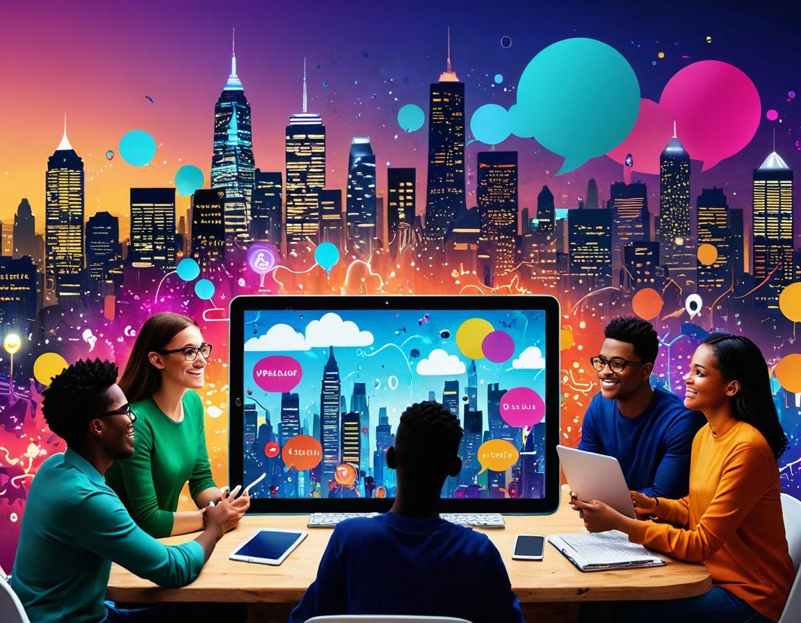 A vibrant scene depicting a diverse group of people gathered around a large digital tablet, exchanging colorful storytelling ideas. In the background, a dynamic cityscape filled with creative elements such as floating text bubbles and animated icons symbolizing digital communication. The foreground features a variety of devices like laptops and smartphones, showcasing the connection between traditional and digital storytelling. Emphasize excitement and collaboration through bright colors and expressive facial expressions. super-realistic. vibrant colors. 3D.