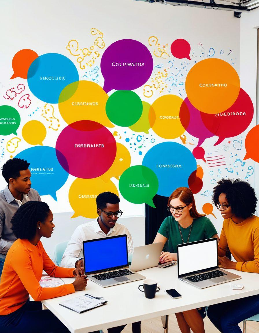 A diverse group of engaged individuals collaborating around a computer, with vibrant ideas represented as colorful speech bubbles floating above them. The scene showcases notes, laptops, and coffee cups creating a warm, inviting atmosphere. In the background, a digital display of a thriving blog with metrics and growth graphs. super-realistic. vibrant colors. warm tones.