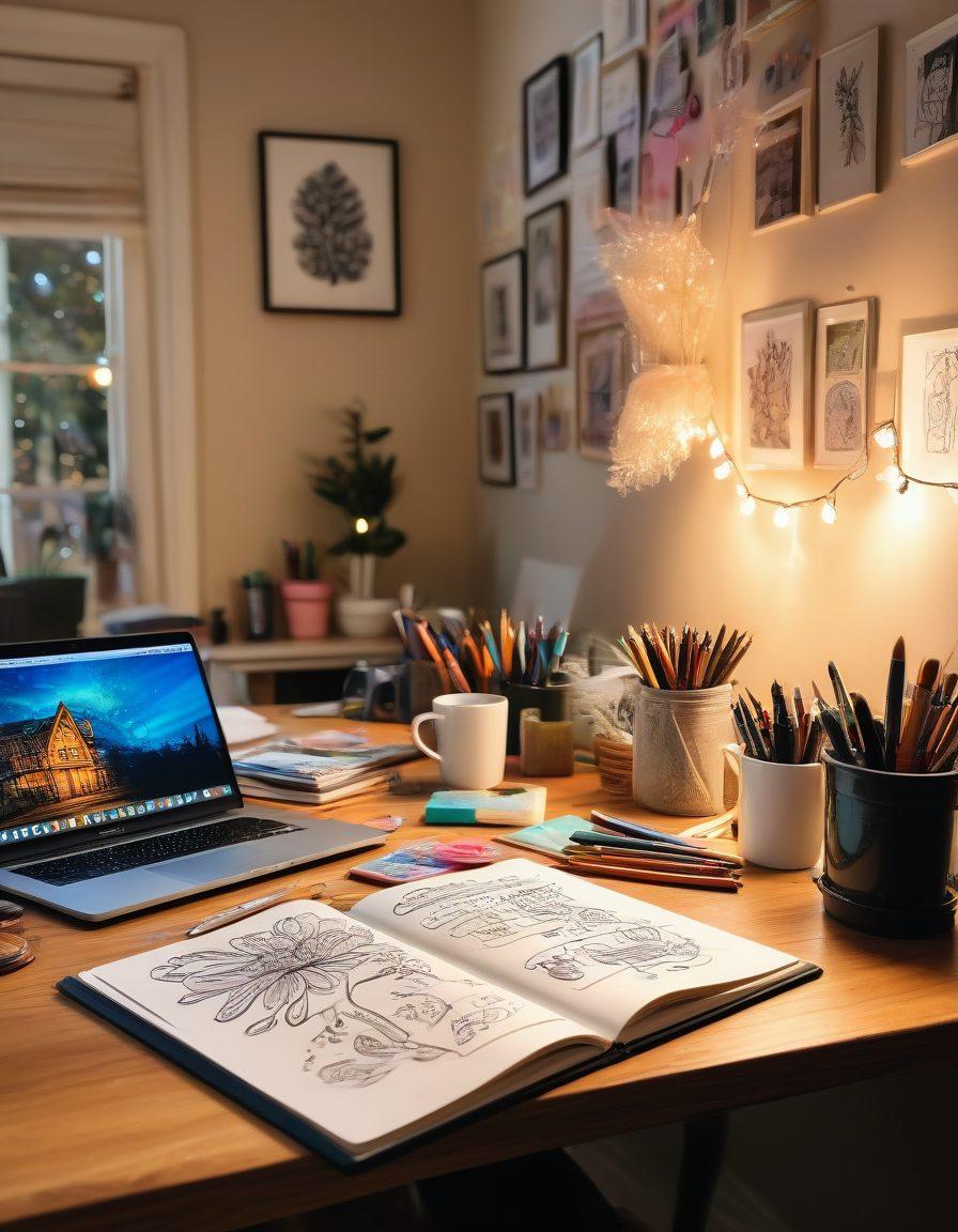 A vibrant workspace filled with colorful art supplies, a laptop open to a blog page, and sketches of creative ideas scattered around. In the background, a soft glow of fairy lights and an inspiring quote on the wall. A coffee cup steaming beside an open journal with doodles. super-realistic. vibrant colors. cozy ambiance.